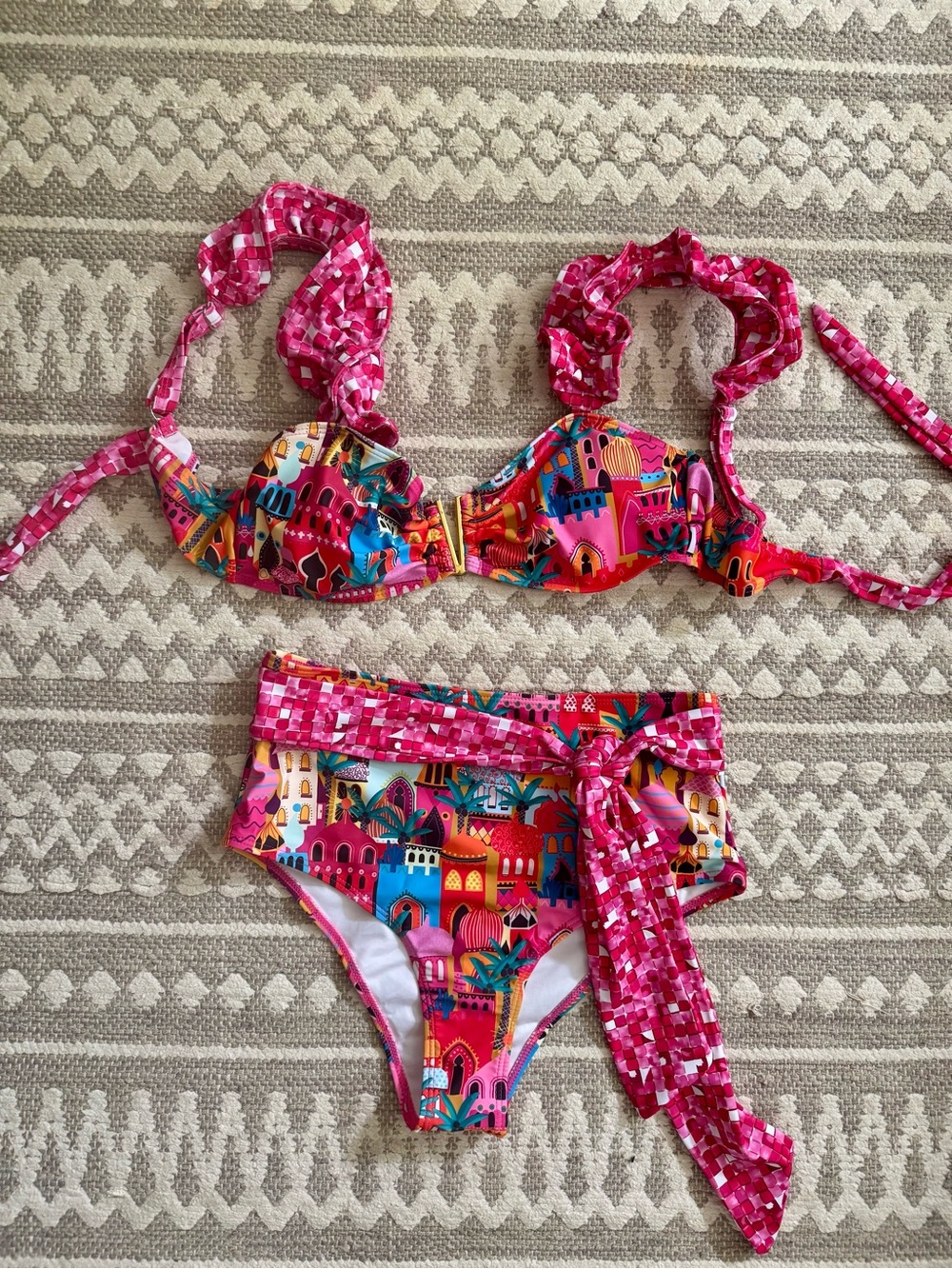 Vibrant Pink Multi-Color Printed Bikini Set